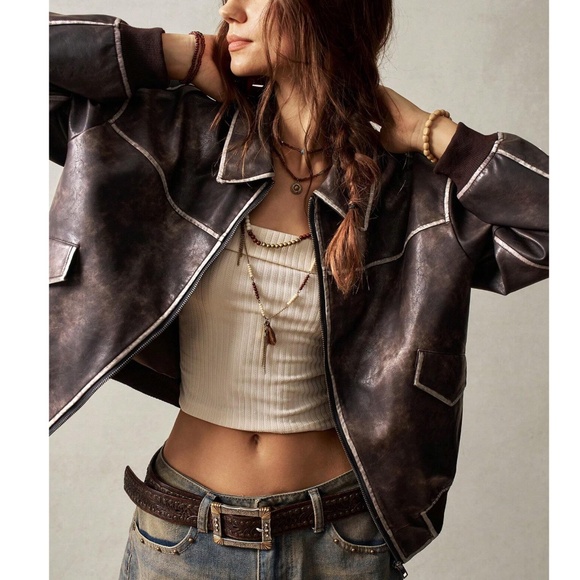 Luxe Brown Vegan Leather Zip up Oversized jacket Coat - Picture 1 of 8